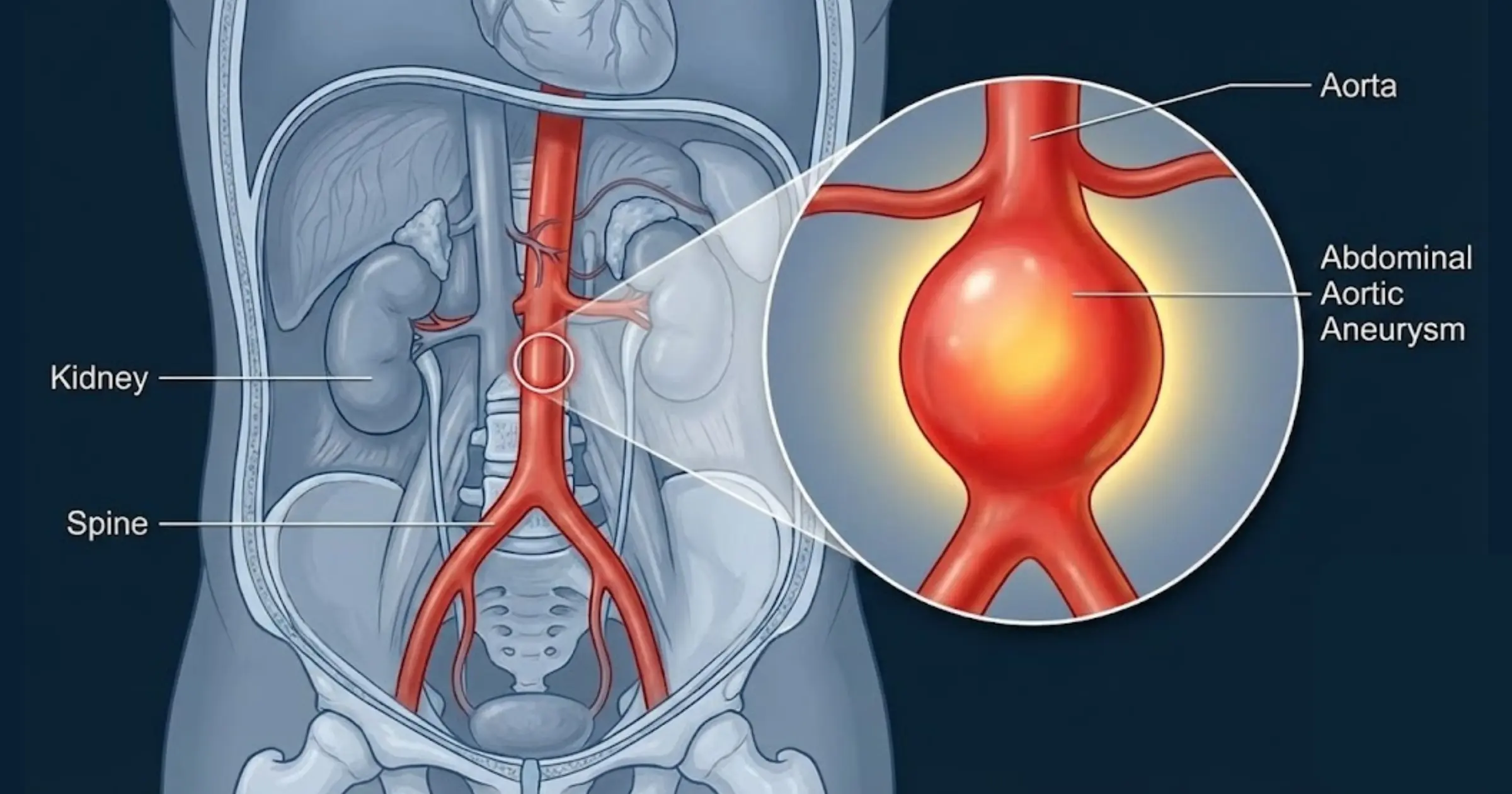 This AAA demonstrates a fusiform dilation, in which weakness involves the entire circumference of the aorta, resulting in symmetric expansion of the vessel.