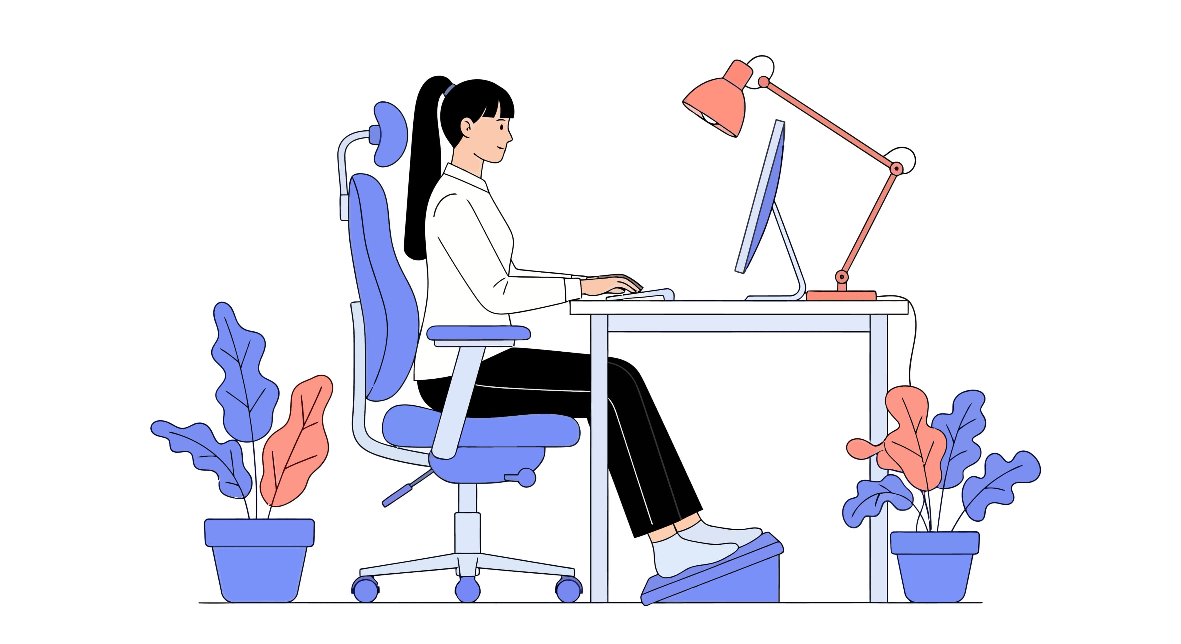 An office worker hunched over a desk — the kind of slow, repeated strain that drives most desk-related musculoskeletal pain